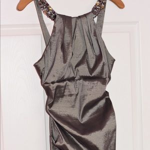Pewter formal dress with beading and ruched sides